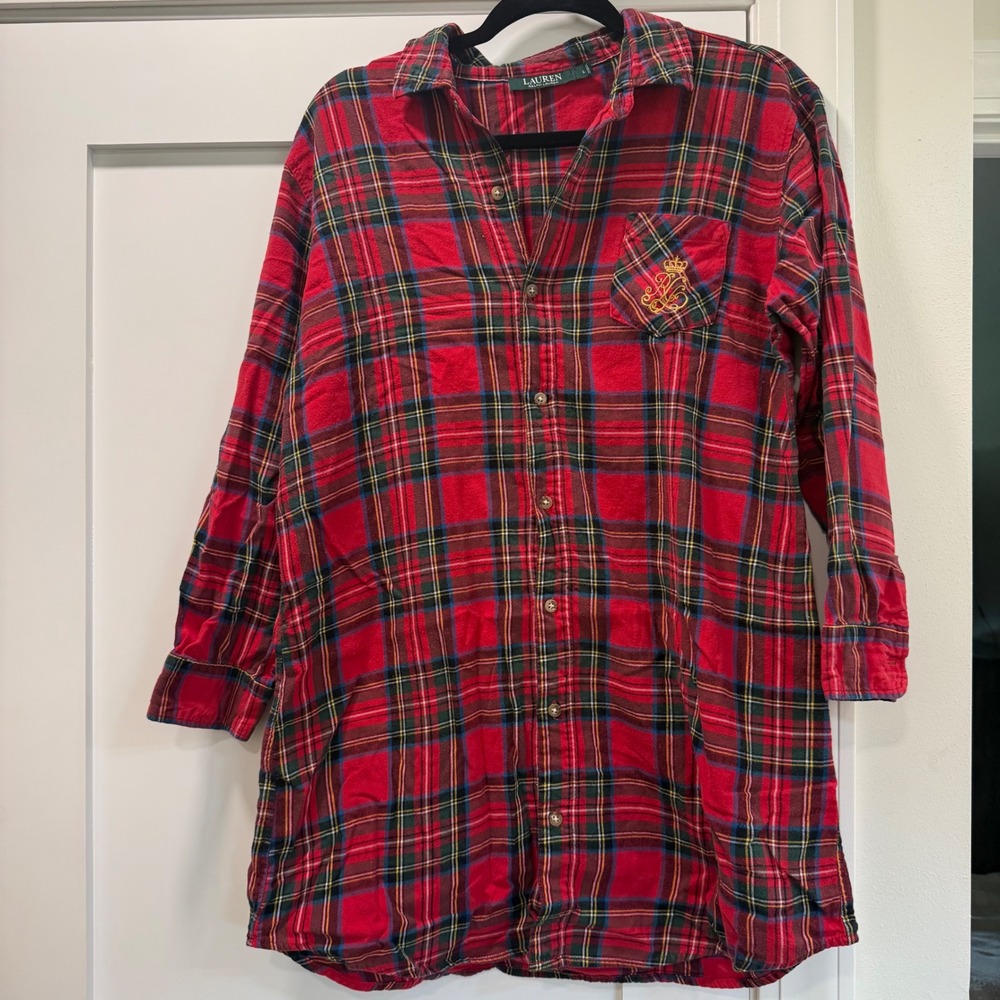 Lauren Ralph Lauren Red Plaid Flannel Sleep Shirt Nightgown Large Gold Crest